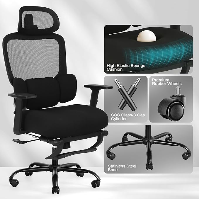 Ergonomic Office Chair with Footrest, Mesh Desk Chair with Adjustable Headrest & Armrests & Dynamic Floating Wing Lumbar Support, High Back Computer Chair for Home Office, BIFMA Certified, Black