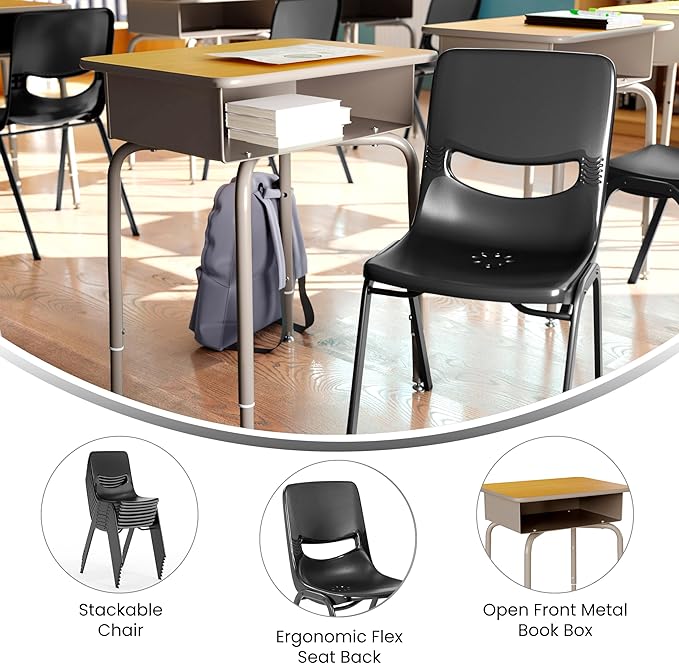 EMMA + OLIVER Jacobs Desk/Stackable Ergonomic Chair Set, Flex Comfort Seat Back, Adjusting Desk Legs, Metal Open Front Storage Box, Maple Desktop/Black Chair