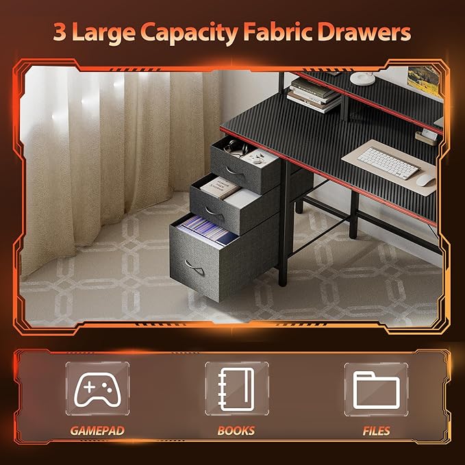 Mericonia Computer Desk 55 inch with Power Outlets & LED Lights, Gaming Desk with 3 Drawers for Home Office, Small Desk with Monitor Stand for Small Spaces, Study Writing Desk