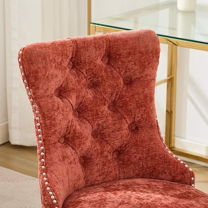 Goujxcy Desk Chair, Modern Chenille Upholstered Tufted Button Home Office Chair, 360° Swivel Armless Desk Chairs, 120°Rocking Ergonomic Computer Task Vanity Chairs, Orange
