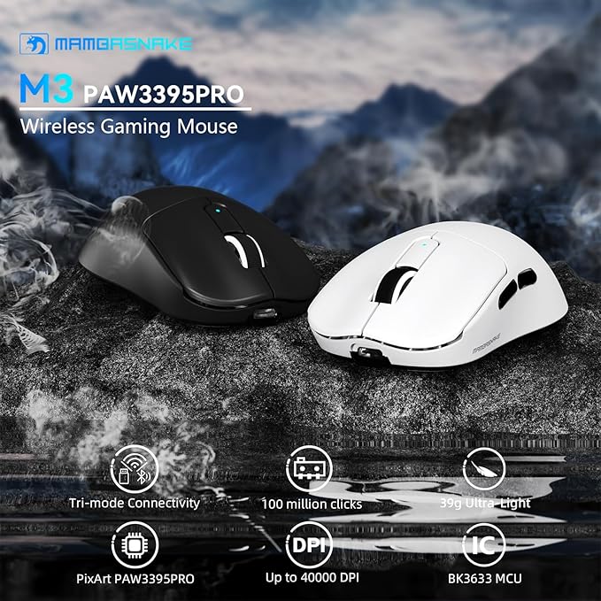 MAMBASNAKE M3 Wireless Gaming Mouse, 40K DPI, 39g Lightweight Gaming Mouse,PAW3395PRO Optical Sensor,Tri-Mode BT5.1/2.4G/USB-C PC Game Mice,Programmable Buttons,300mAh Battery for PC/Laptop/Mac(Black)