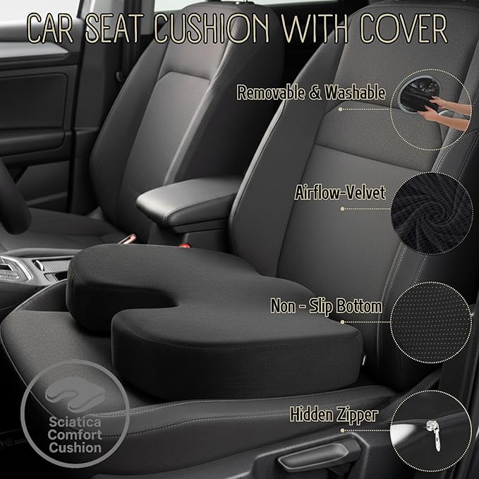 Seat Cushion For Tailbone Pain Relief – Ergonomic Gel Memory Foam Pad for Sciatica & Lower Back Support, Perfect for Office, Car, Truck, Gamer, Airplane, Wheelchair & Home, Bonus Pill Case Included