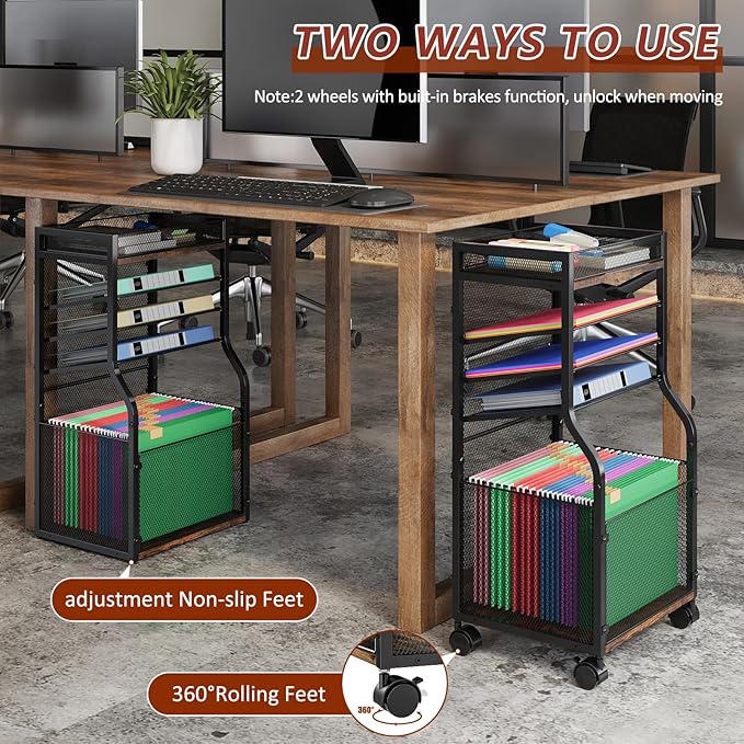 5-Tier Rolling File Cart with Lockable Wheels, Mobile Desk File Organizer Hanging File Folders Paper Letter Sliding Trays, Black Wood & Mesh Hanging Folder Drawer Organization for Office, Home, School