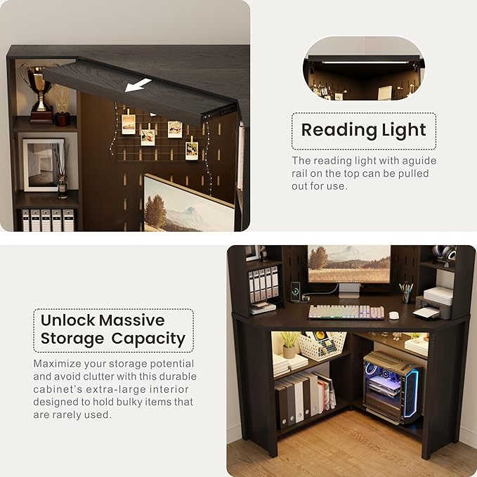 Corner Desk with LED Reading Lights, L Shaped Computer Desk with Hutch & Shelves, Triangle Home Office Desk w/ Charging Station for Work & Study, File Cabinet Storage Bookshelf for Small Space (Black)