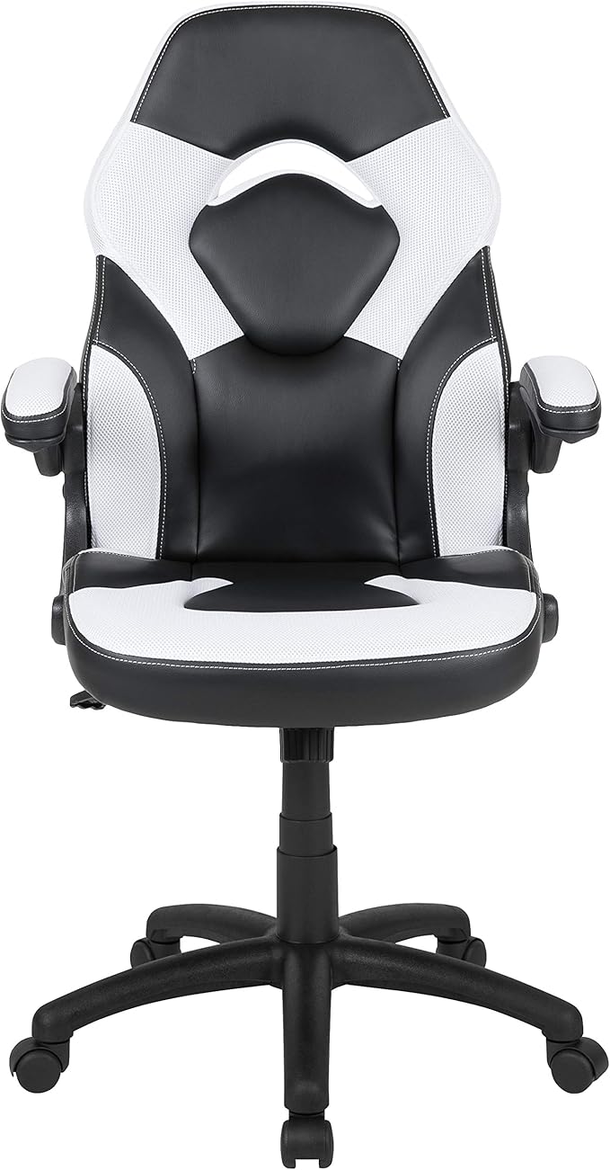 Flash Furniture X10 High-Back LeatherSoft Racing Style Gaming Chair with Flip-Up Arms, Ergonomic Padded Swivel Computer Chair, White/Black