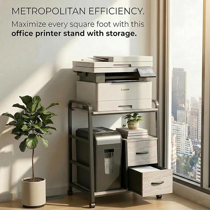 Printer Stand Featuring Fabric Drawers, Under Desk Host Computer Cabinet and Shredder Shelf, Heavy Duty Printer Stand with Storage Workstation Organization Printer Table for Home Office