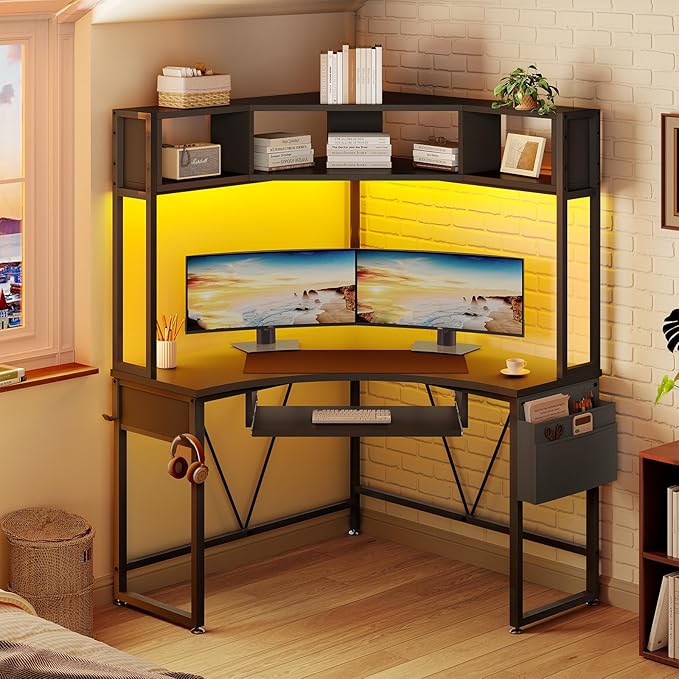 SEDETA Corner Desk, Small Computer Desk with Hutch & LED Lights, Triangle Corner Gaming Computer Desk with Keyboard Tray, Storage Bag, and Headphone Hook for Small Space, Home Office Desk, Black