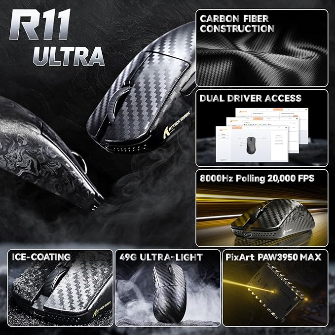 ATTACK SHARK R11 Ultra 8K Carbon Fiber Wireless Gaming Mouse,PAW3950MAX 42K DPI Sensor,49g Superlight Ergonomic Computer Mice with Tri-Mode,Cloud Driver for Win/Mac/PC Gamer,Weave Black&Tape