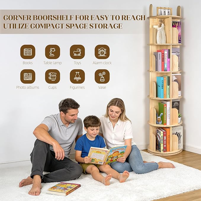 Kryonix Rotating Bookshelf, Solid Pine Wood Spinning Bookshelf Tower 4 Tier, 360° Revolving Bookcase for Kids, Multi-Functiona Corner Round Turning Book Shelf Organizer for Small Spaces