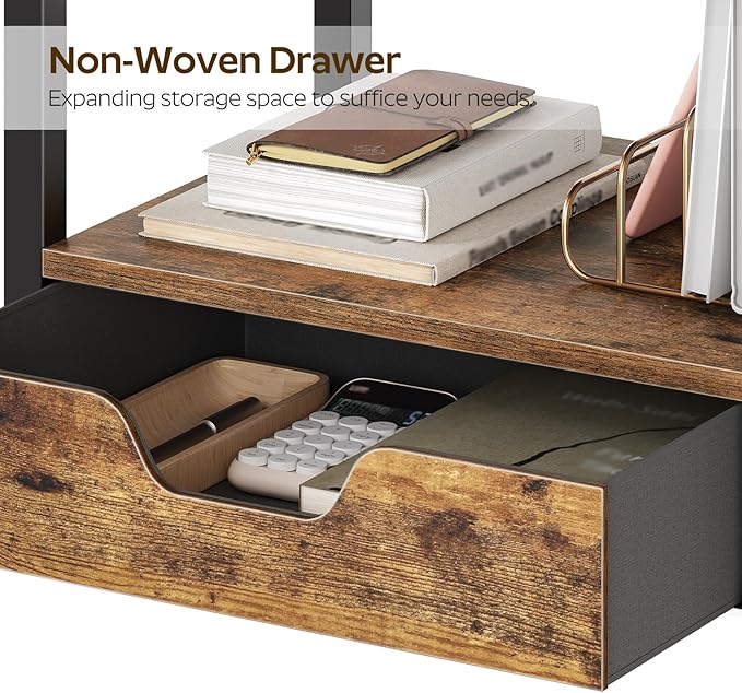 YATINEY Desktop Printer Stand, 2-Tier Printer Table with Non-Woven Drawer, Multi-Purpose Desk Organizer for Home Office, Under Desk Open Organizer Shelf, Rustic Brown PS01BR