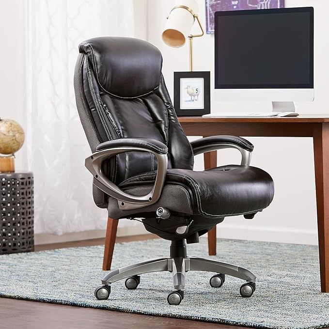 Serta Lautner Executive Home Office Desk Chair, Ergonomic High-Back with Adjustable Lumbar and Body Pillows, SmartLayers and ComfortCoils Technology, Mesh and Bonded Leather, Black and Gray