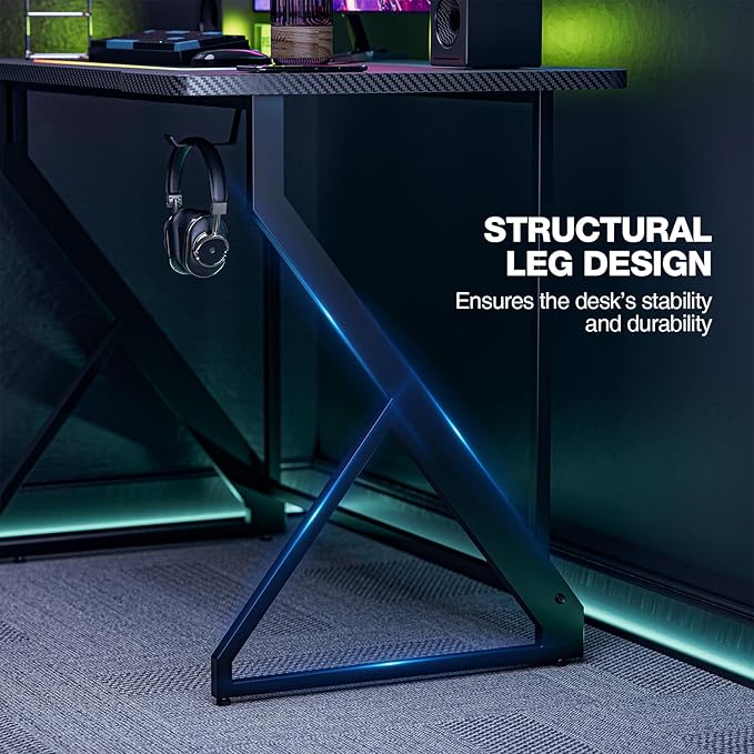 Grandder Gaming Desk Z Shaped 47 Inch Gamer Workstation, Home Computer Carbon Fiber Surface Gaming Desk PC Table with Headphone Hook, Carbon Fiber Black