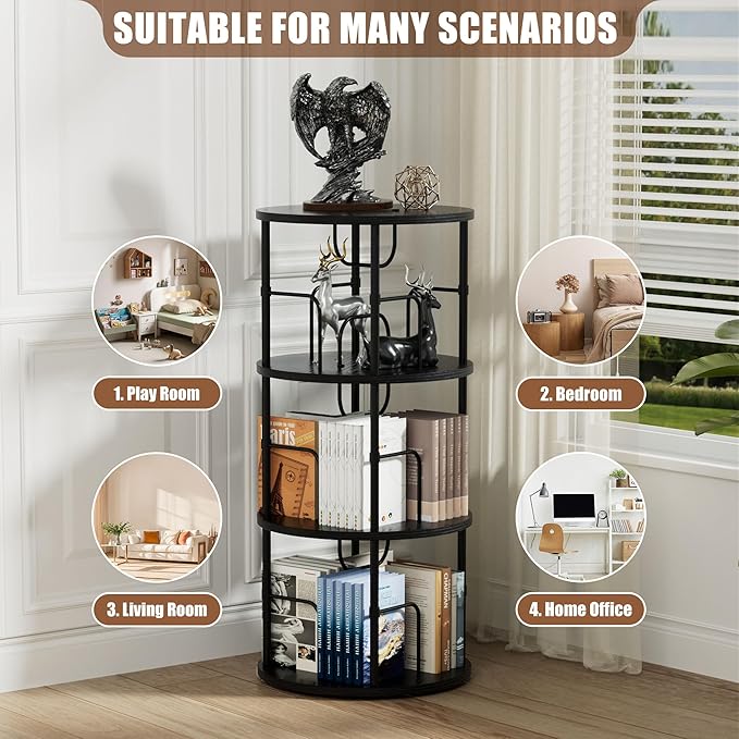 Flycity 3 Tier Rotating Bookshelf, 360° Corner Bookshelf Tower, Round Revolving Bookcase with Special Visible Partition Storage, Narrow Book Shelf Organizer for Living Room, Small Space, Black