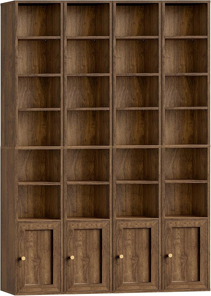 RALGEND 7-Tier Tall Narrow Bookshelf with Door Set of 4, 70.9 Inches CD DVD Slim Media Tower Rack with Storage Cabinet, Adjustable Shelves, Skinny Bookshelf Display Bookcase for Home Office, Walnut