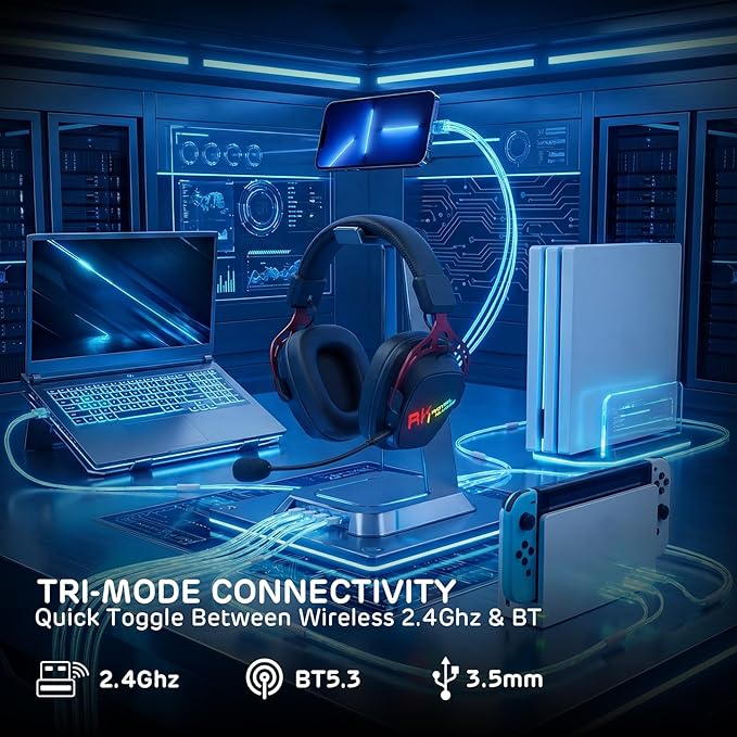 RK ROYAL KLUDGE HG103 Wireless Gaming Headset for PS5/4, Xbox, PC, Switch, BT5.3/2.4G/3.5mm Wired RGB Over Ear Headphones with Noise Canceling Mic, 50mm Drivers, 7.1 Surround Sound for FPS Game