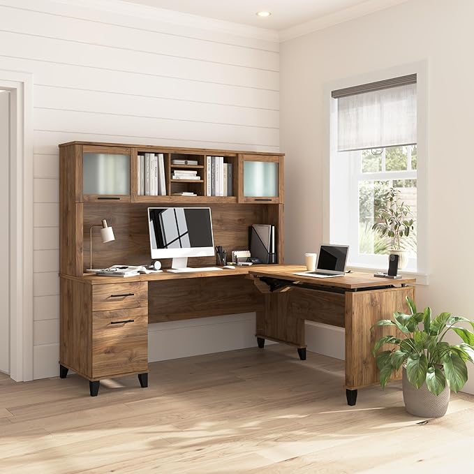 Bush Home Somerset 72W 3 Position Sit to Stand L Shaped Desk with Hutch in Fresh Walnut | Adjustable Height Table for Home Office