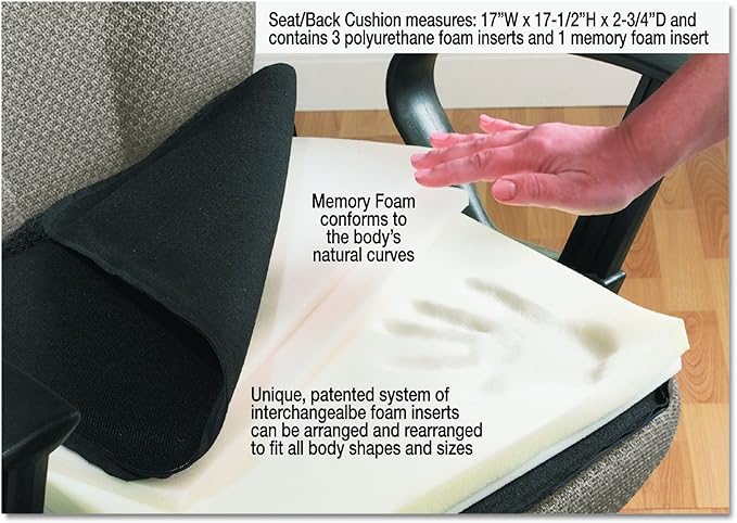 Master Caster Deluxe Seat/Back Cushion w/Memory Foam, 17w x 2 3/4d x 17 1/2h, Black