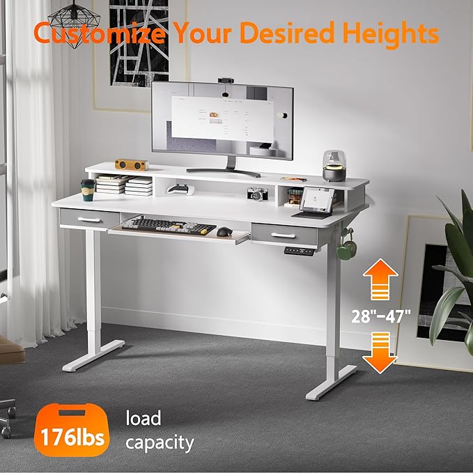 WALKINGDESK 63 Inches Electric Standing Desk with Keyboard Tray, Height Adjustable Sit to Stand Table with 2 Drawers, Ergonomic Home Office Desk with Storage Shelf, Computer Table, White