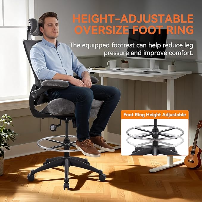 Ergonomic Drafting Chair Tall Office Chair for Standing Desk - 400lbs Mesh Computer Stool with Adjustable Footring, Dual Seat Cushion, and Space-Saving Flip-Up Arms for Counter Height Work