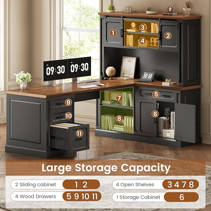 SEDETA Farmhouse L Shaped Desk with Hutch, 67" Executive Home Office Desks with 4 Drawers & Storage Cabinet, Corner Computer Desk with Sliding Doors, File Drawer & Power Outlet, Black+Brown