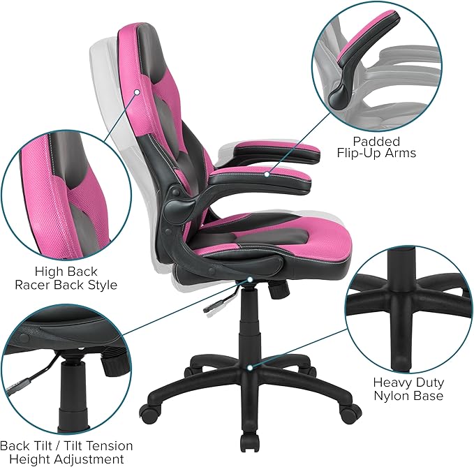 Flash Furniture Gaming Desk and Pink/Black Racing Chair Set/Cup Holder/Headphone Hook/Removable Mouse Pad Top - 2 Wire Management Holes