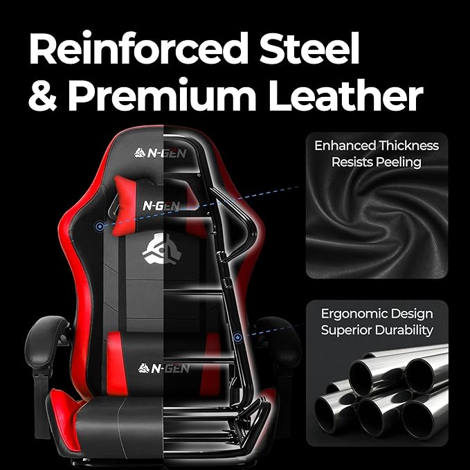 NEO CHAIR Video Gaming Chair with Footrest High Back Ergonomic Comfortable Office Computer Desk with Lumbar Support Height Adjustable with PU Leather Recliner for Adults Women Men (Red)