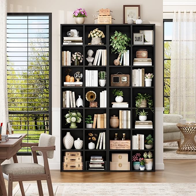 FOTOSOK 71'' Tall Bookshelf with 14 Cubes, 7 Tier Double Wide Black Bookshelf with 6 Adjustable Shelves, 19.6" Narrow Bookcase DVD/CD Media Storage, Space Saving Display Shelf Cabinet, Black