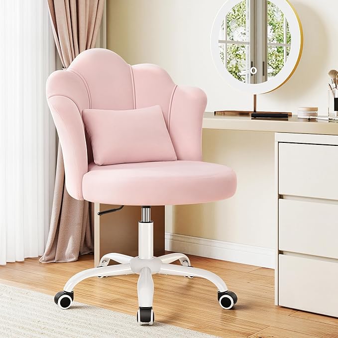 BestGlory Petal Vanity Chair with Wheels, 3.15" Extra Thick Comfy Makeup Chair, Adjustable Modern Swivel Armless Desk Chair for Girls Women, Aesthetic Small Office Chair for Bedroom Dorm