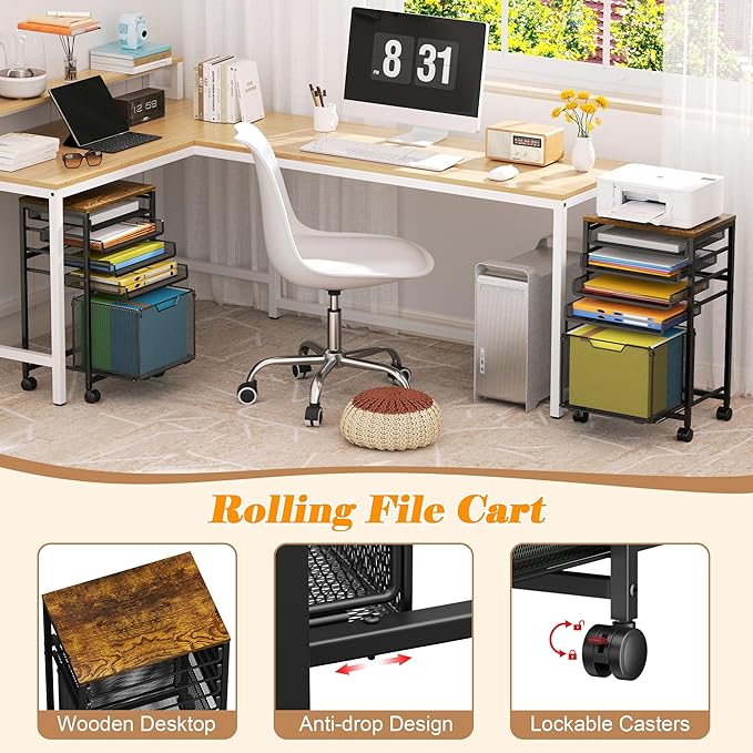 Feyejade Rolling File Cart 5-Tier, Under Desk Storage with Drawers, Filing Cabinet for Letter-Size File Storage, Sliding Metal Mesh Trays for Binder Storage, Office Storage & Organization for Teachers