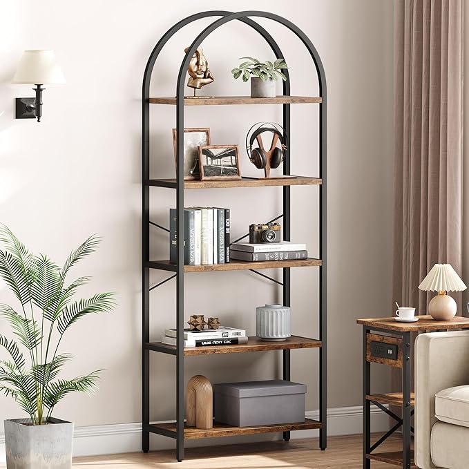 IDEALHOUSE Bookshelf 5 Tier Bookcase Arched Display Racks Tall Standing Bookshelves Metal Frame Modern Storage Rack Shelf Large Wood Book Shelf for Bedroom, Living Room, Home Office (Rustic Brown)