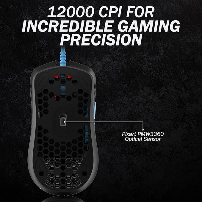 HK GAMING Mira M Ultra Lightweight Honeycomb Shell Wired RGB Gaming Mouse - Up to 12 000 cpi | 6 Buttons - 63g Only (Mira-M, Blue Phantom)