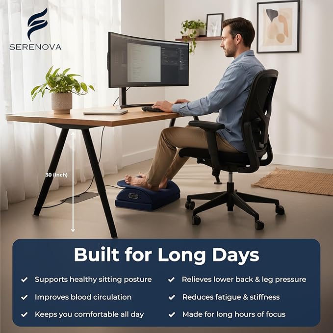 Ergonomic Under Desk Footrest with Massage – Adjustable Posture Support Footrest with Gentle Shiatsu and Vibration for Long Sitting, Office and Work from Home Desk Use – Serenova
