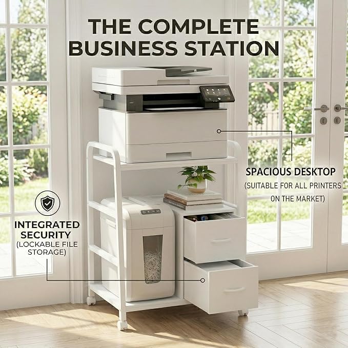 Printer Stand Featuring Fabric Drawers, Under Desk Host Computer Cabinet and Shredder Shelf, Heavy Duty Printer Stand with Storage Workstation Organization Printer Table for Home Office