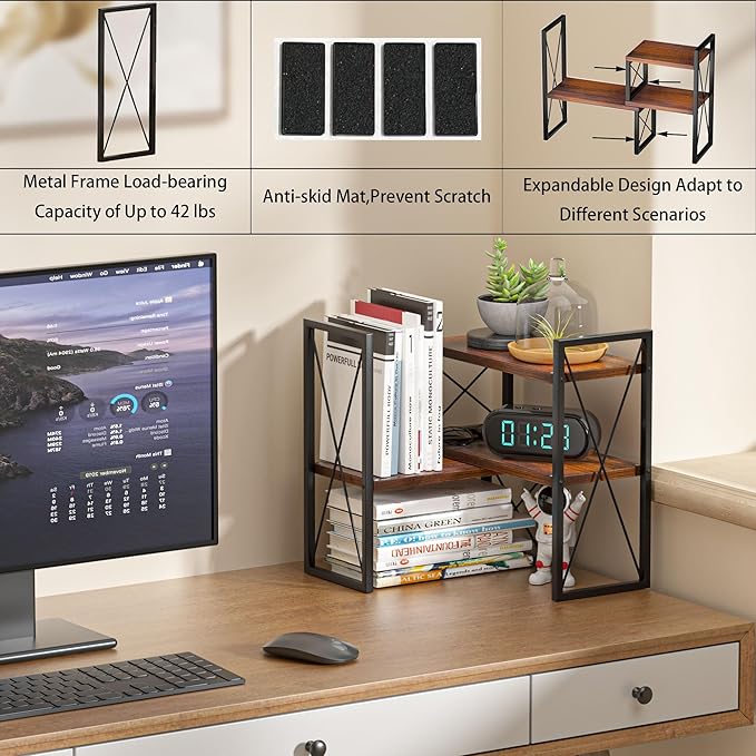 Desktop Shelf Organizer, Small Bookshelf for Office, Wood Shelves, Office Organization and Storage (Brown)
