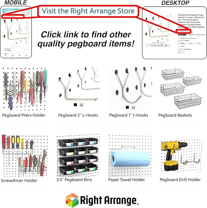 RightArrange Pegboard Basket Size XL, Black - Hooks to Any Peg Board - Square Style Wire Shelf Baskets - Organize Tools, Workbench, Accessories, Garage Storage - Wall Organizer Attachments