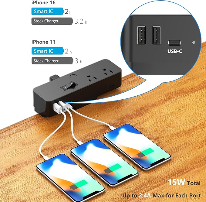 Hiree Under Desk Cable Management Tray with 8 AC Outlets, 2 USB & 1 USB-C Ports - Clamp Mount Storage Basket Organizer, No Drill Cord Storage Organizers for Standing Desk Home Office（Black）