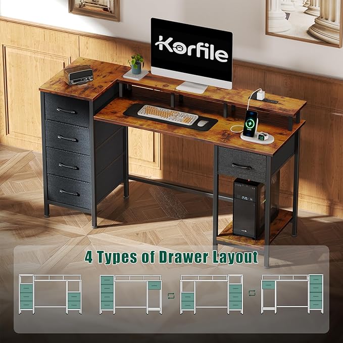 Korfile 47 Inch Gaming Desk with Power Outlets and LED Lights, Reversible Computer Desk with 5 Fabric Storage Drawers, Home Office Desk with Monitor Stand for Working Writing Study, Rustic Brown