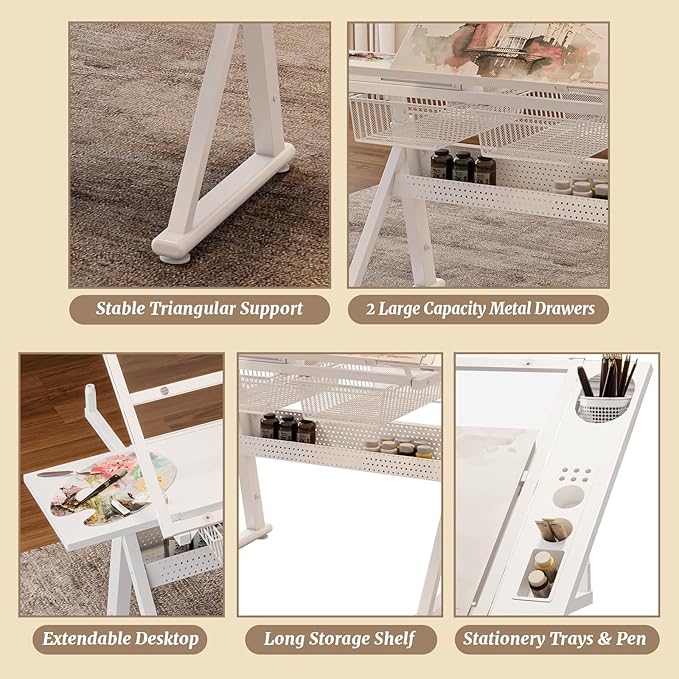 Drafting Table Desk w/Stool, Painting Table Art Craft Desk Crafting Table with Tilting Tempered Glass Top, 2 Storage Drawers, Upgraded Hand Crank Height Adjustable (White)