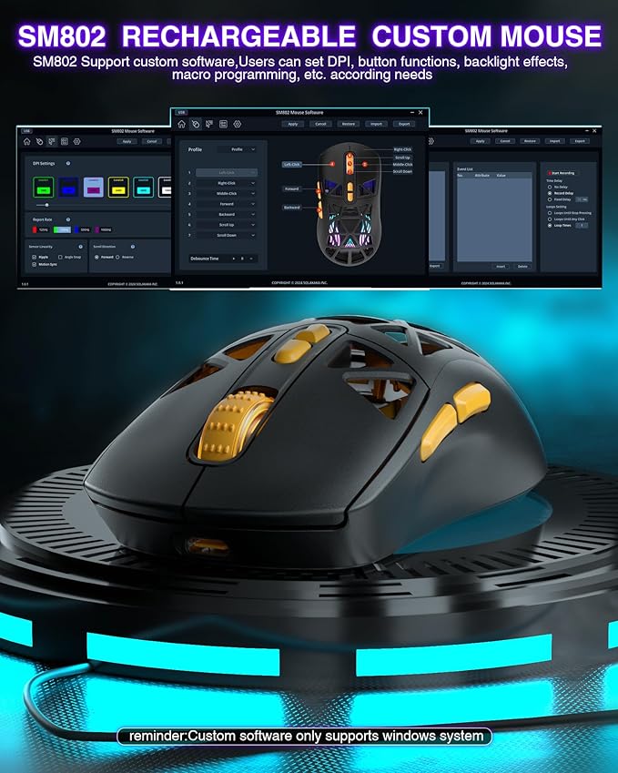 SOLAKAKA SM802 Wireless Gaming Mouse,10000 DPI,Tri-Mode Wired/BT 5.0/2.4GHz Wireless Mouse with Side Button, RGB Programmable Macro Mouse for Laptop (Black)