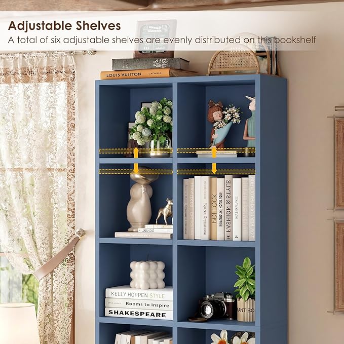 FOTOSOK 71'' Tall Bookshelf with 14 Cubes, 7 Tier Double Wide Bookshelf with 6 Adjustable Shelves, 19.6" Narrow Bookcase DVD/CD Media Storage Shelf, Space Saving Display Shelf Cabinet, Blue