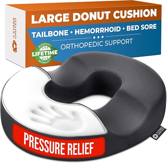 5 STARS UNITED Donut Pillow Hemorrhoid Tailbone Cushion – Large Cushion for Pain Relief – Coccyx, Prostate, Sciatica, Pelvic Floor, Pressure Sores, Pregnancy, Postpartum Recovery, Dark Gray
