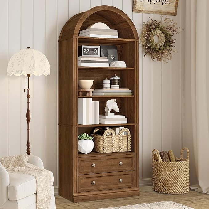 RALGEND Farmhouse Arched Bookshelf, 7 Tiers Arch Bookcase with 2 Spacious Drawers, Modern Book Shelf with Open Display Shelves and Storage Cabinet, for Office, Living Room, Kitchen, Walnut