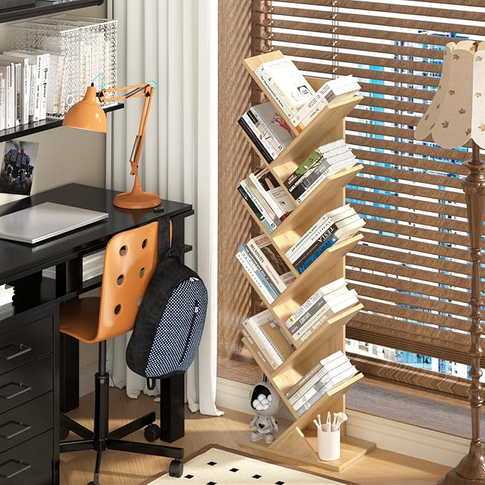 SHEEPAM 10 Tier Tree Book Shelf, Floor Standing Wood Bookshelf for Narrow Space, Storage Organizer Bookshelves for Books/CDs/Magazine, Bookcase with Shelves for Home Office, Living Room - Natural