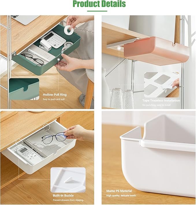 Under Desk Drawer, 2 Pack Large and Medium Hidden Self-Adhesive Under Desk Organisers for Storage of Cutlery, Office Supplies, Stationery and Cosmetics (White-2)
