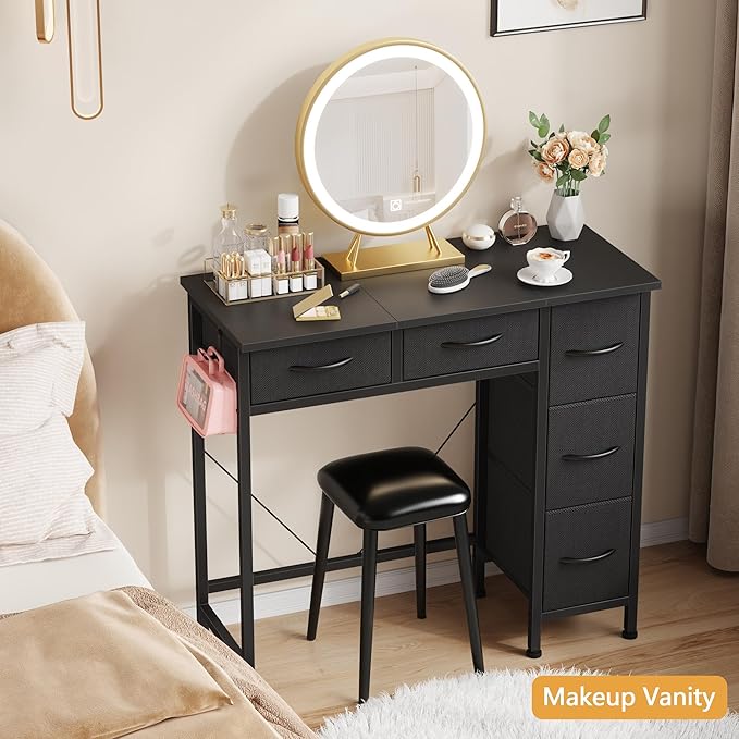 HIGDBFE Small Desk with 5 Fabric Drawers, 33 Inch Writing Desk for Home Office, Simple PC Desks for Small Place, Kids Girls Teen Study Table Vanity for Bedroom, Dorm, Black, 14" D