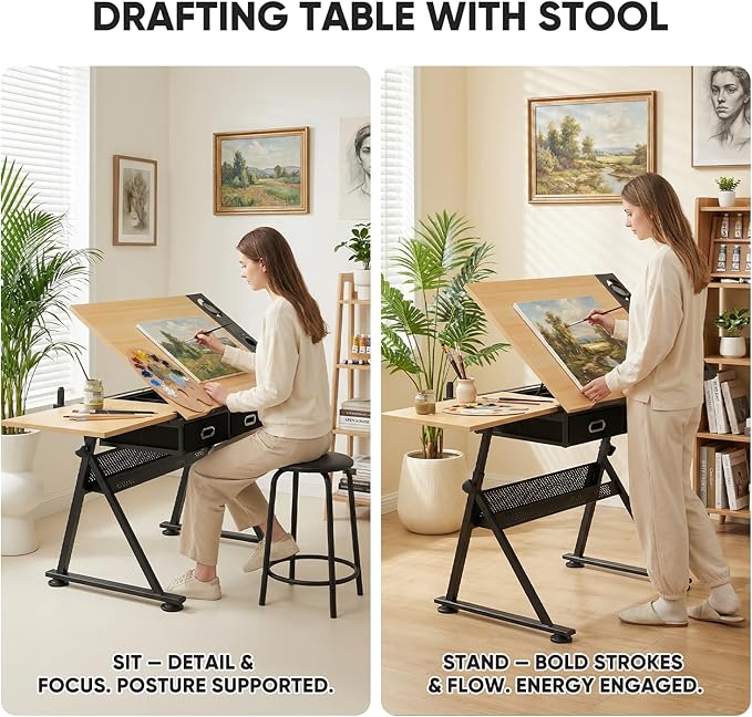 Magshion Professional Drafting Table for Adults w/Stool, Tilting Wooden Tabletop & Adjustable Height, Art Craft Desk Watercolor Painting Sketching Work Station for Studio Home Office School (Natural)