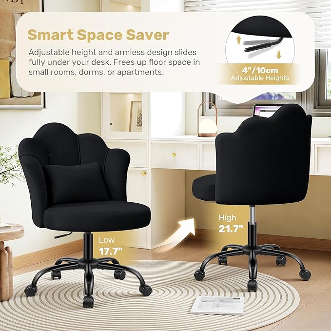 BestGlory Petal Vanity Chair with Wheels, 3.15" Extra Thick Comfy Makeup Chair, Adjustable Modern Swivel Armless Desk Chair for Girls Women, Aesthetic Small Office Chair for Bedroom Dorm