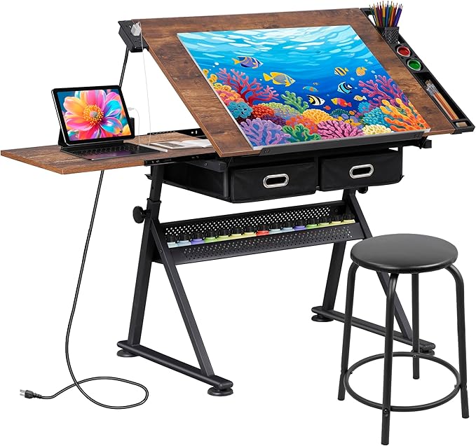 JupiterForce Drafting Table Art Desk w/Power Outlet and Stool, Adjustable Tilting Drawing Table Artist Desk with 2 Storage Drawers, Art Craft Work Station for Home Office Working, Writing, Crafting