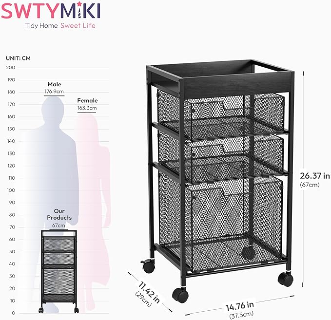 SWTYMIKI Rolling File Cart with Drawers - 4 Tier Under Desk Storage Craft Rolling Organizer Cart - Office Storage &Organization, Mobile Metal Filing Cabinet for Office and Home Black