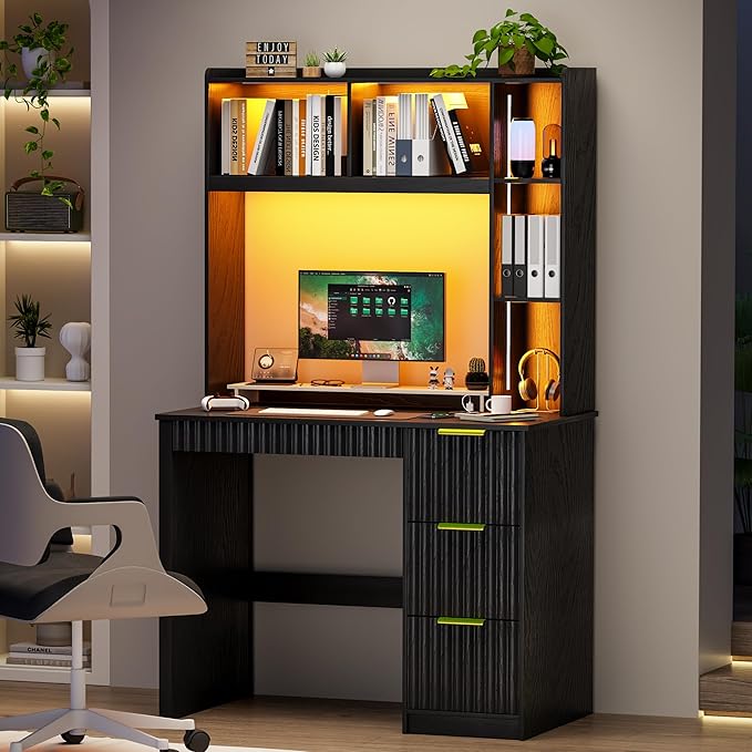 WOOVIVS Home Office Desk with Hutch & LED Lights - 39" Computer Desk with Charging Station, 3 Large Drawers, Hidden Compartment & Fluted Panel Design,Black Writing Desk for Bedroom, Study